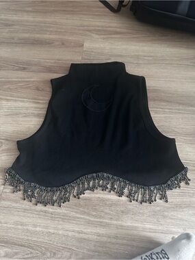 Black Beaded Fringe Crop Tank Top Resytle 4XL